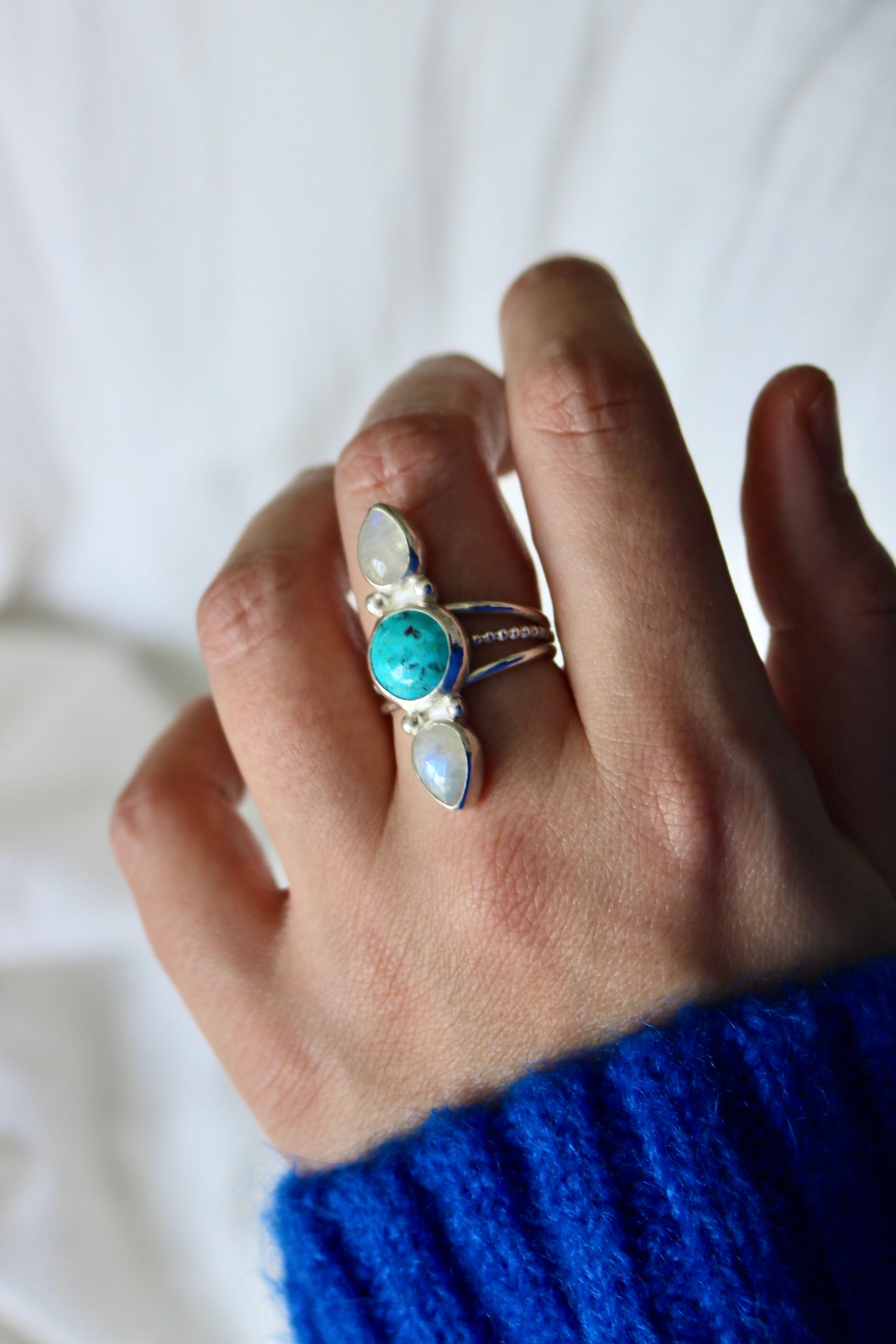 Bague céleste pierre fine précieuse turquoise pierre de lune magique naeco bijoux argent 925 recyclé