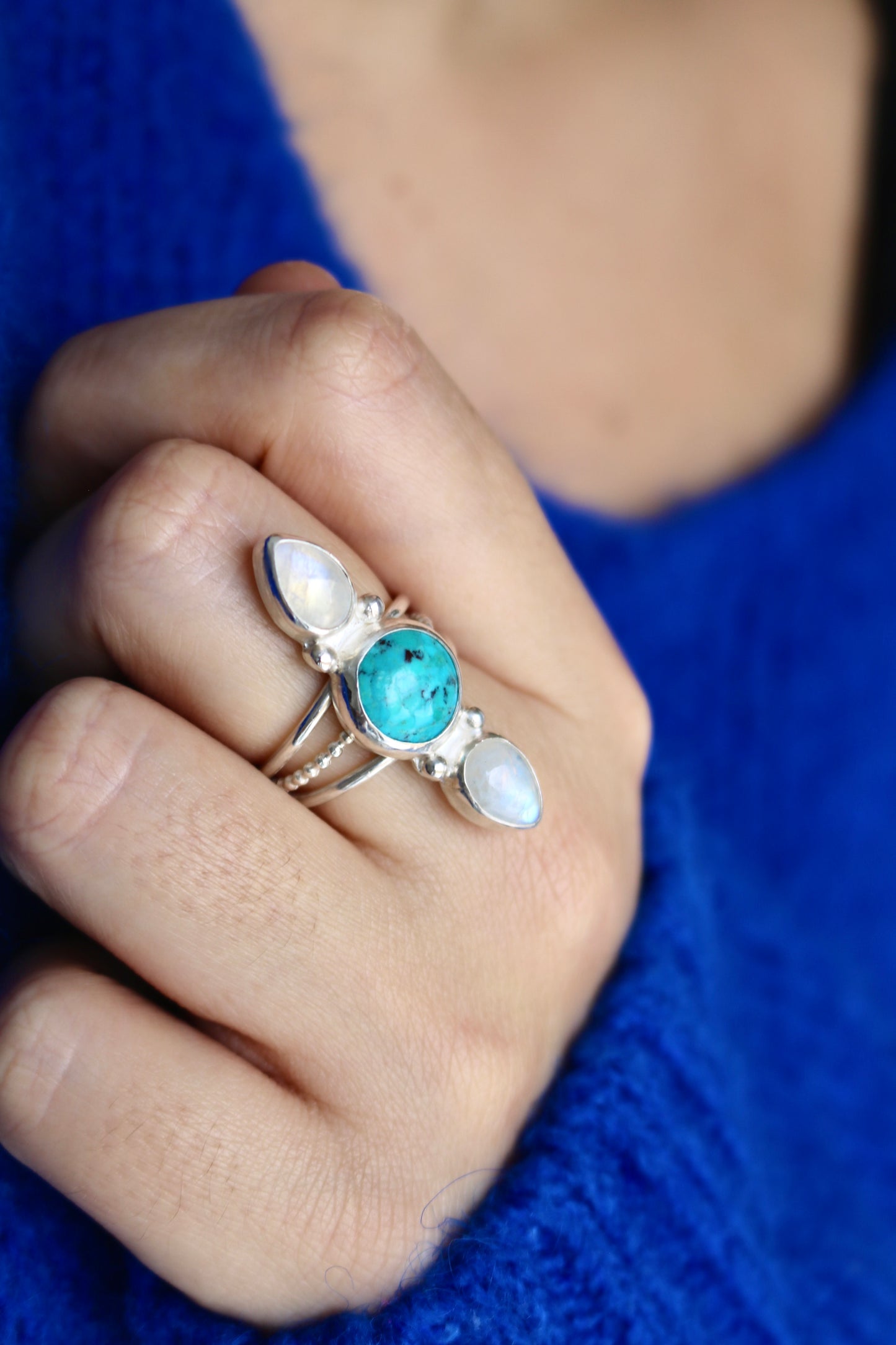 Bague céleste pierre fine précieuse turquoise pierre de lune magique naeco bijoux argent 925 recyclé