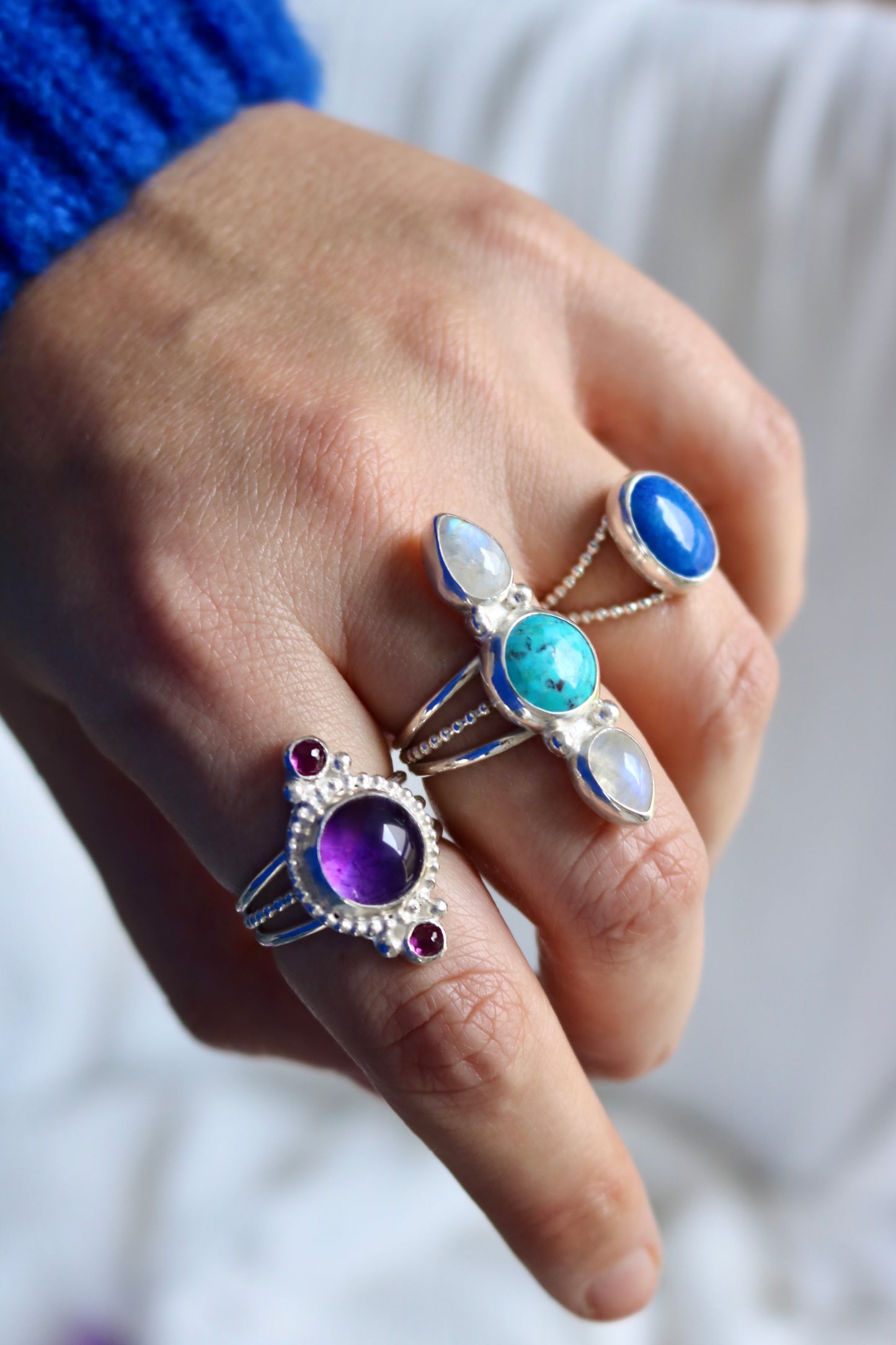 Bague céleste pierre fine précieuse turquoise pierre de lune magique naeco bijoux argent 925 recyclé