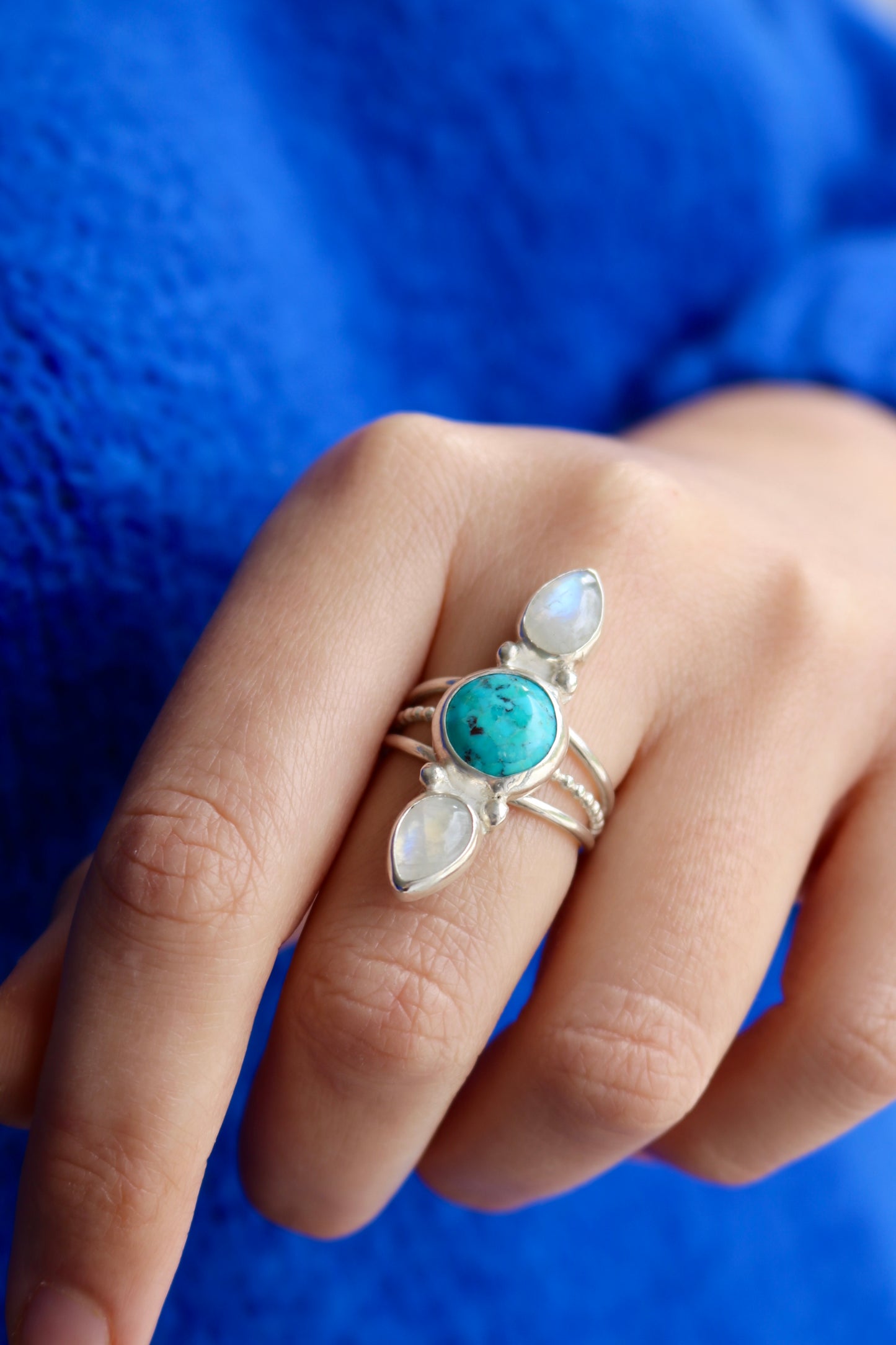 Bague Céleste ☾ Taille 59/60 - Turquoise, Pierre de lune & Argent 925