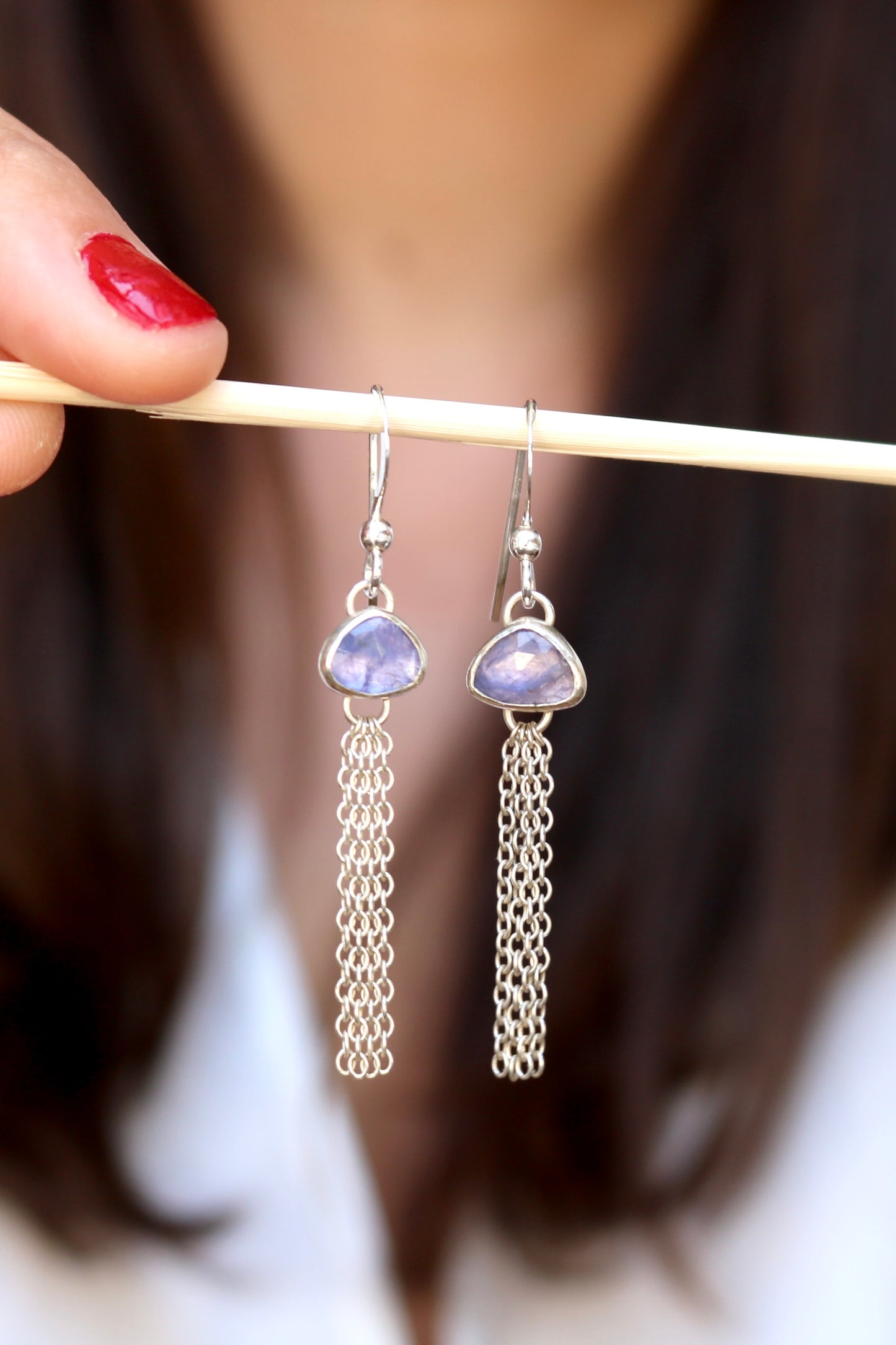 Boucles d'oreilles Justine tanzanite violette pierre naturelle argent recyclé piercing chaine 5