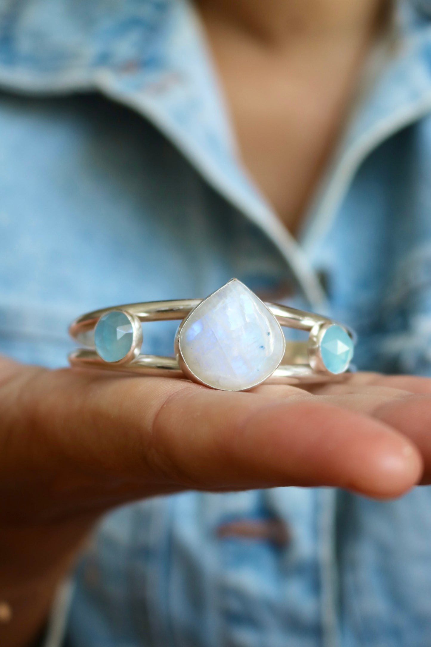 Bracelet Jonc Azur - Pierre de lune et Aigue Marine