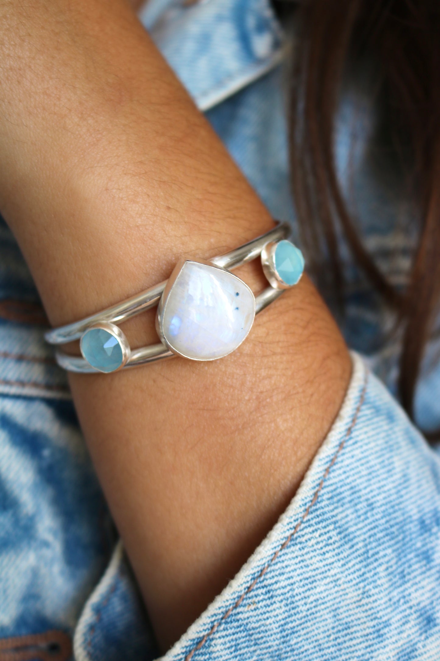 Bracelet Jonc Azur - Pierre de lune et Aigue Marine