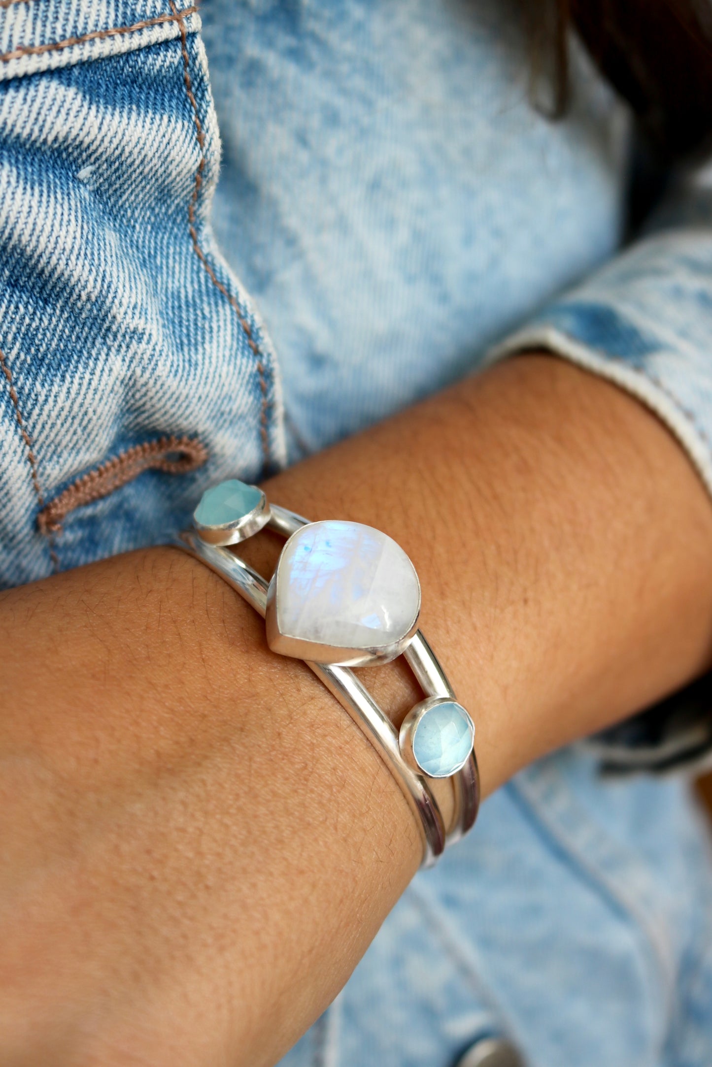 Bracelet Jonc Azur - Pierre de lune et Aigue Marine
