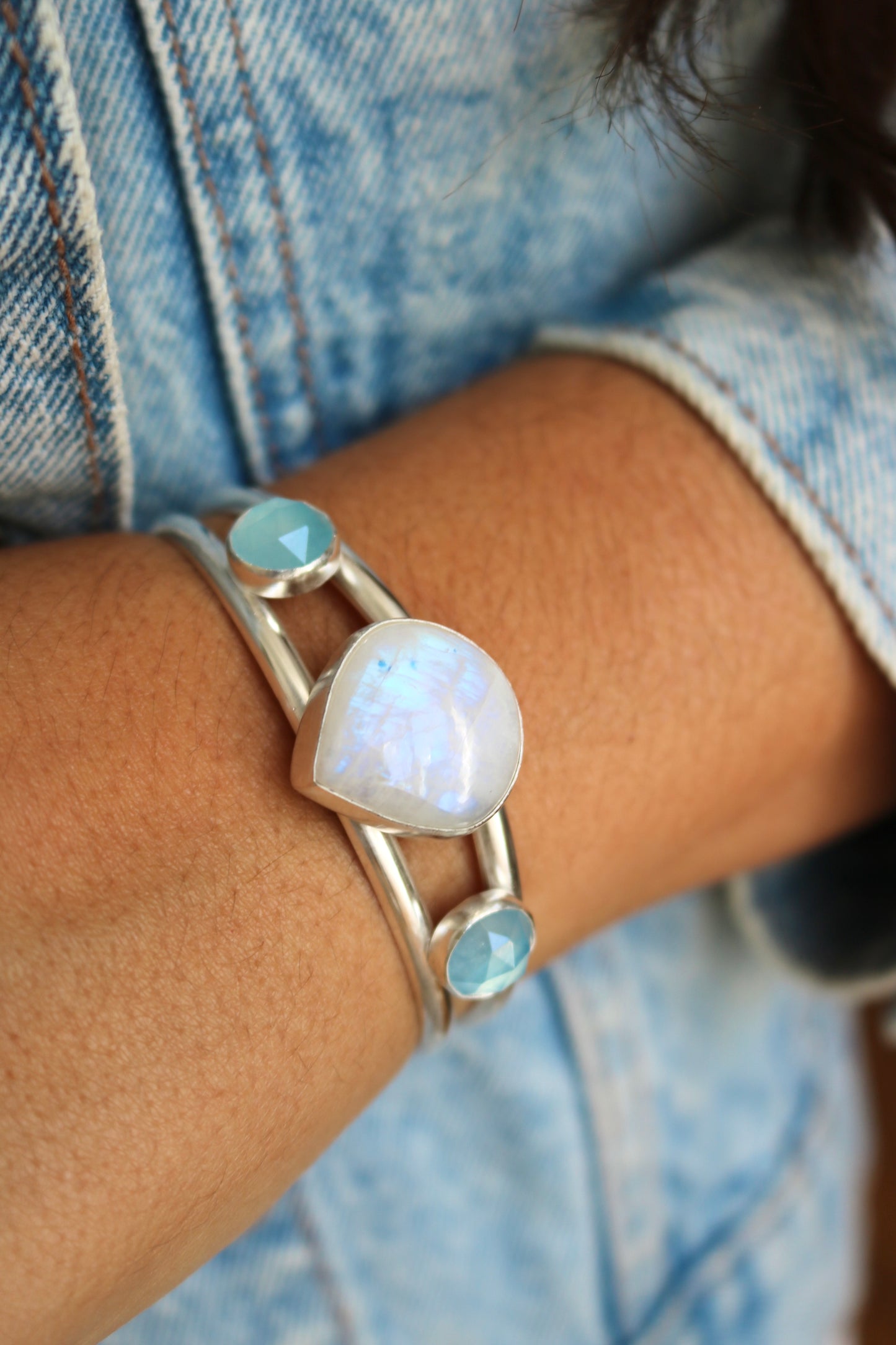 Bracelet Jonc Azur - Pierre de lune et Aigue Marine