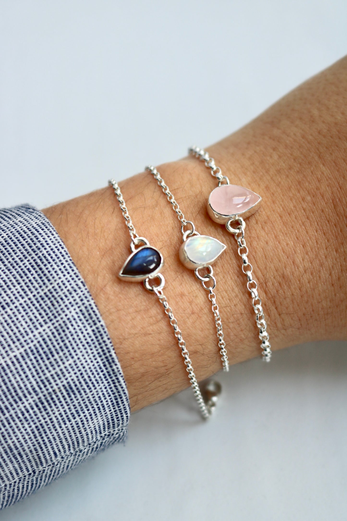 Bracelet chaine goutte océan naeco bijoux quartz rose labradorite pierre de lune lithothérapie argent recyclé 9