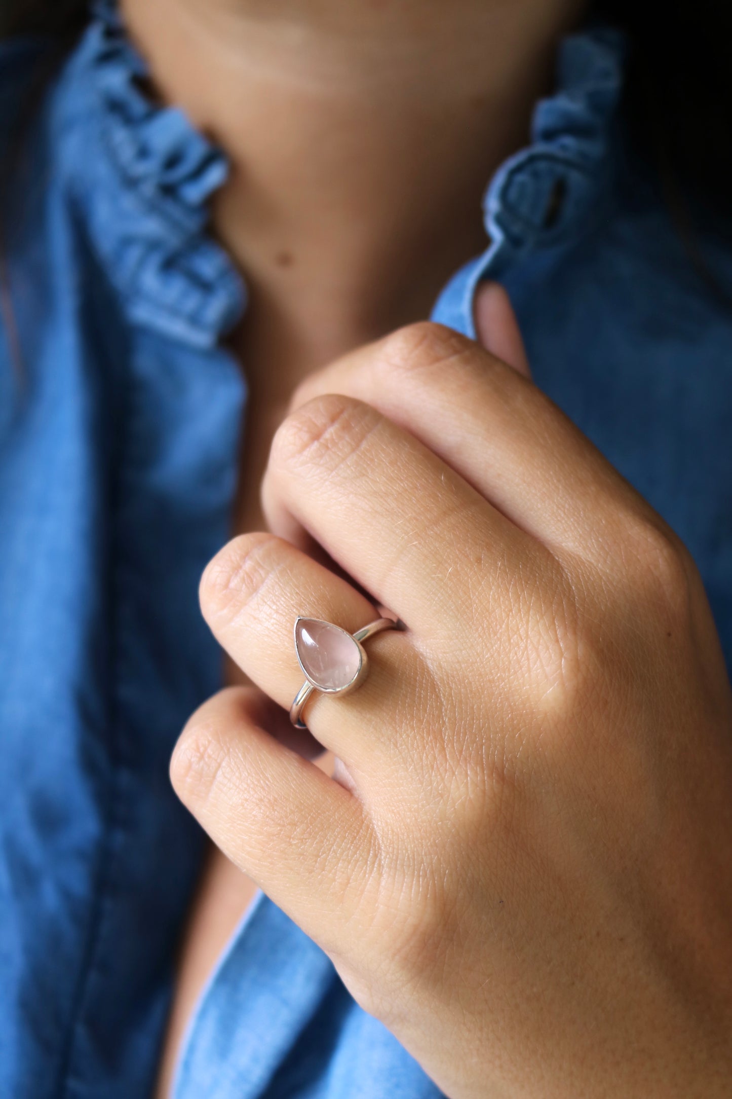 Bague Larme de sirène - Quartz rose & Argent - Taille 56