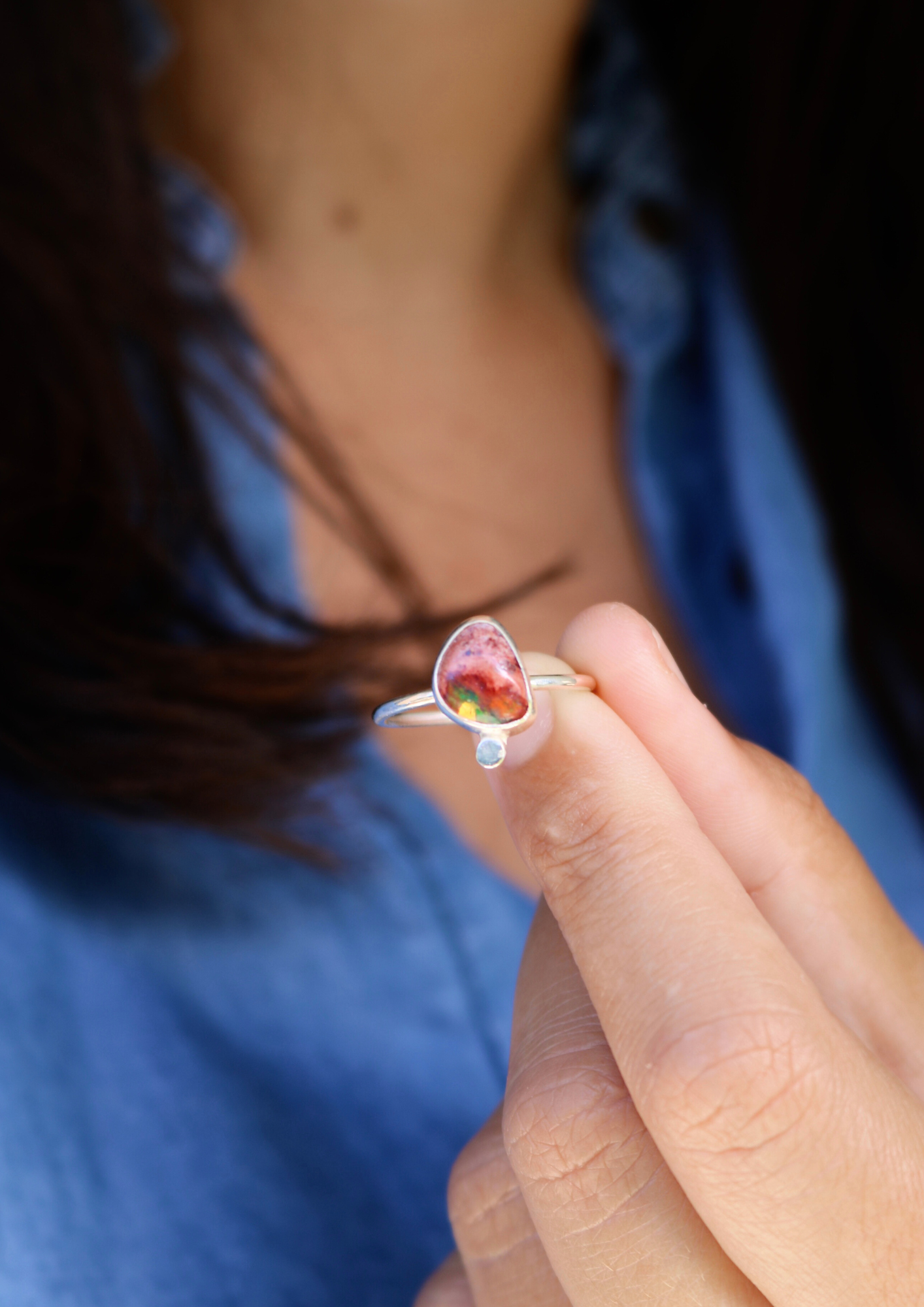 Bague Chant des sirènes - Opale mexicaine & Argent - Taille ajustable