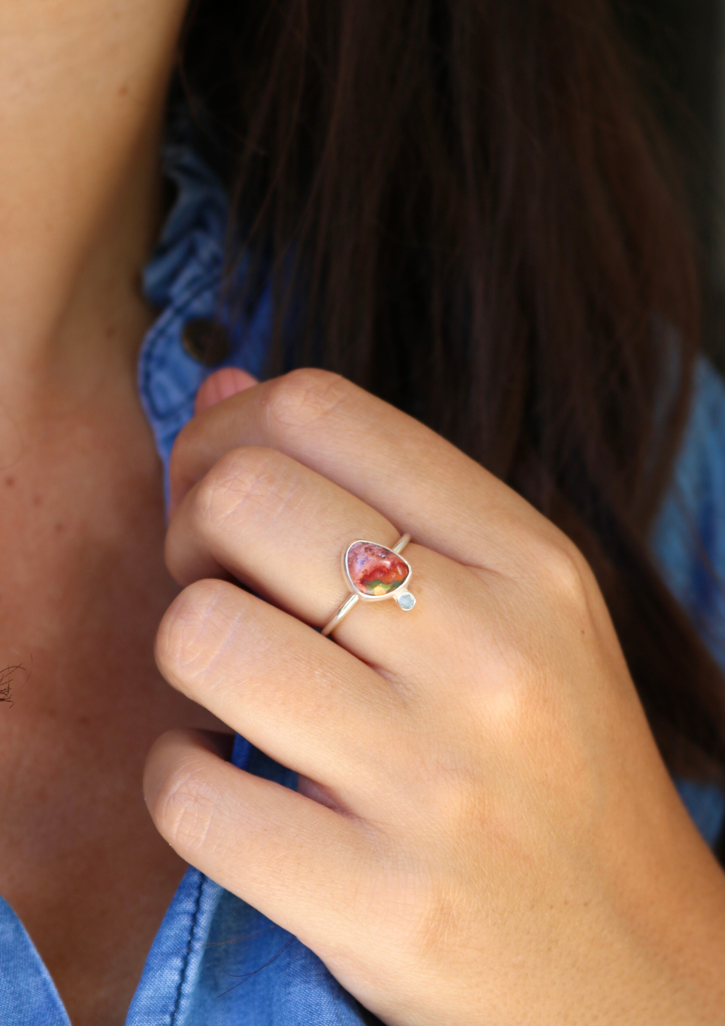 Bague Chant des sirènes - Opale mexicaine & Argent - Taille ajustable