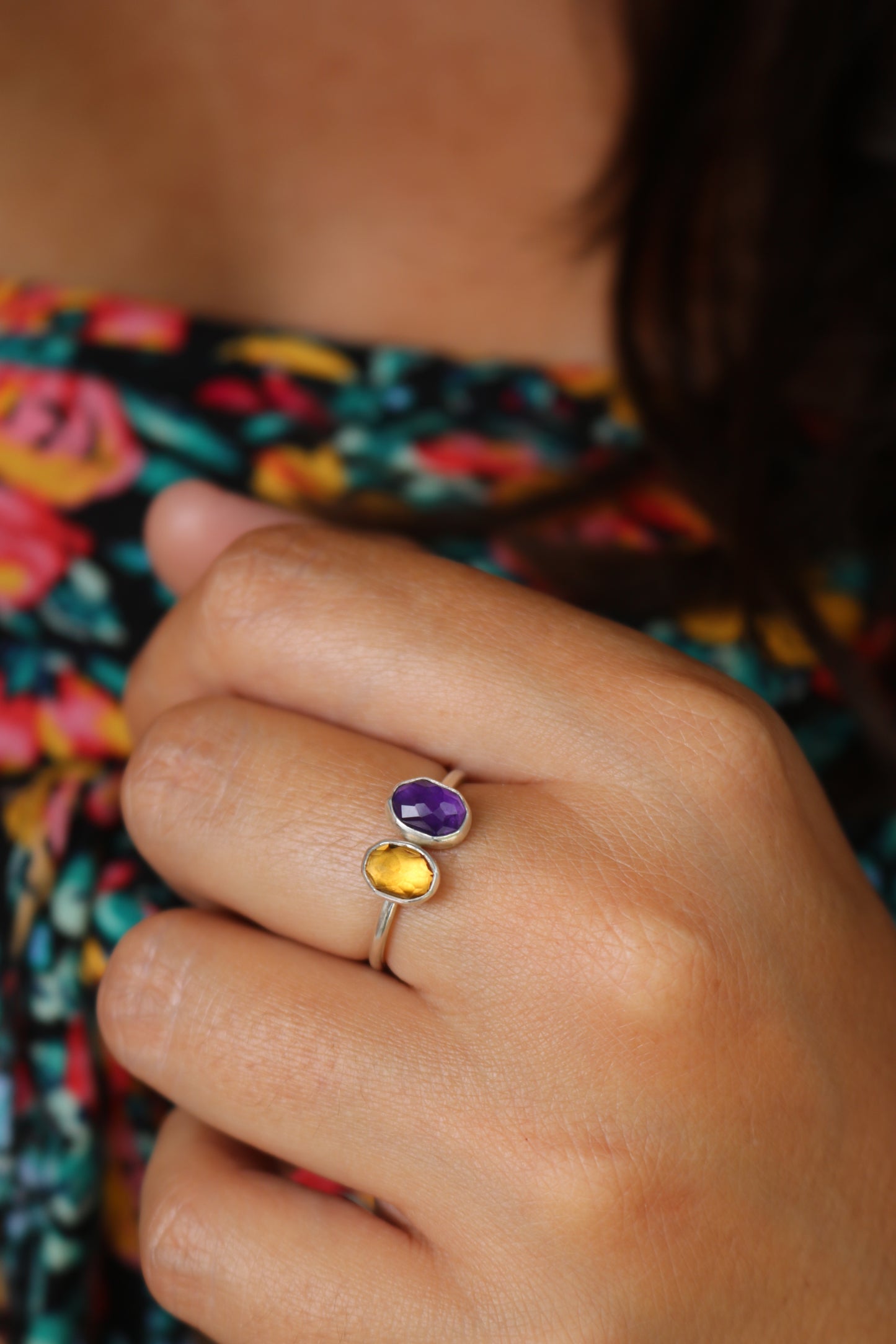 Bague - Talisman Joie & bien-être  - Citrine, Améthyste, Argent - Taille 60