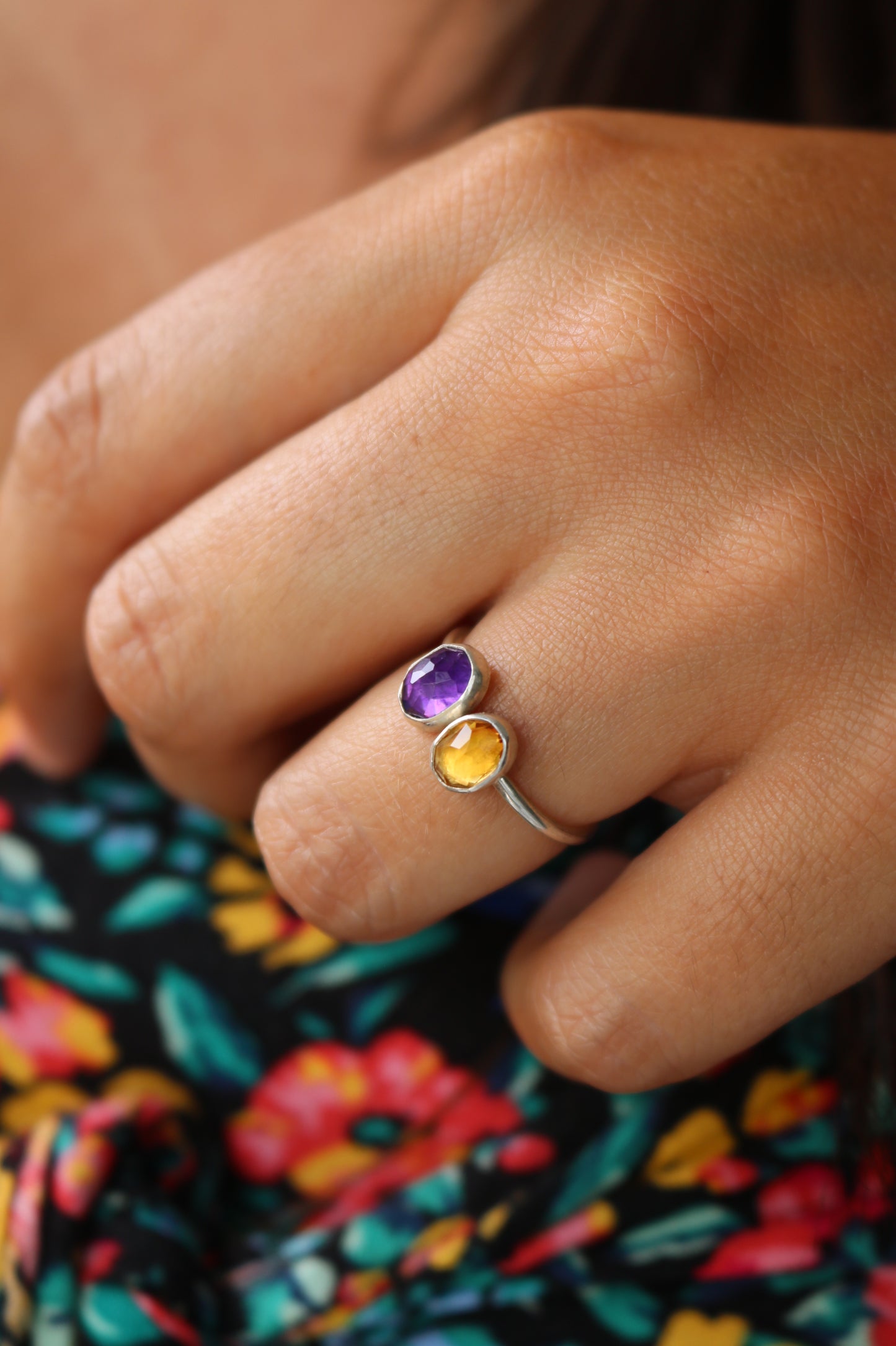 Bague - Talisman Joie & bien-être  - Citrine, Améthyste, Argent - Taille 60