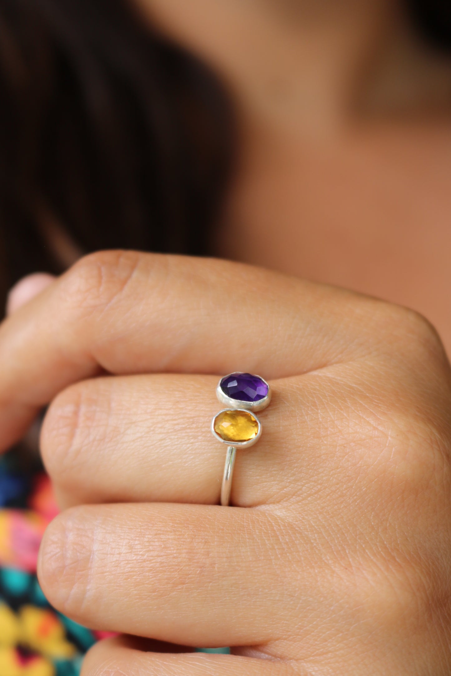 Bague - Talisman Joie & bien-être  - Citrine, Améthyste, Argent - Taille 60
