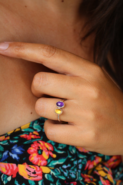 Bague - Talisman Joie & bien-être  - Citrine, Améthyste, Argent - Taille 60