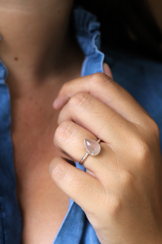 Bague Larme de sirène - Quartz rose & Argent - Taille 56