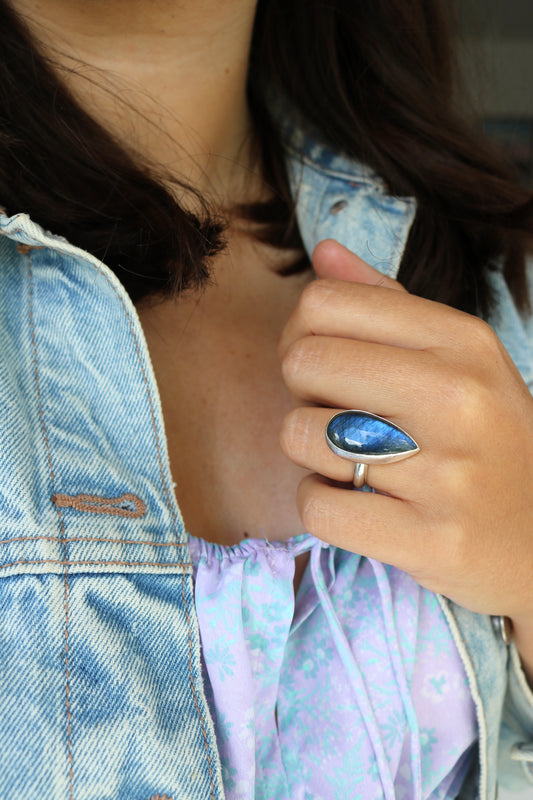 Bague Aurore boréale - Labradorite & argent - Taille ajustable