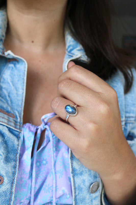 Bague harmonie - Labradorite & argent - Taille ajustable