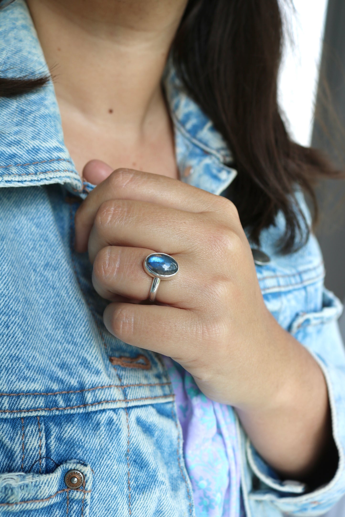 Bague harmonie - Labradorite & argent - Taille ajustable